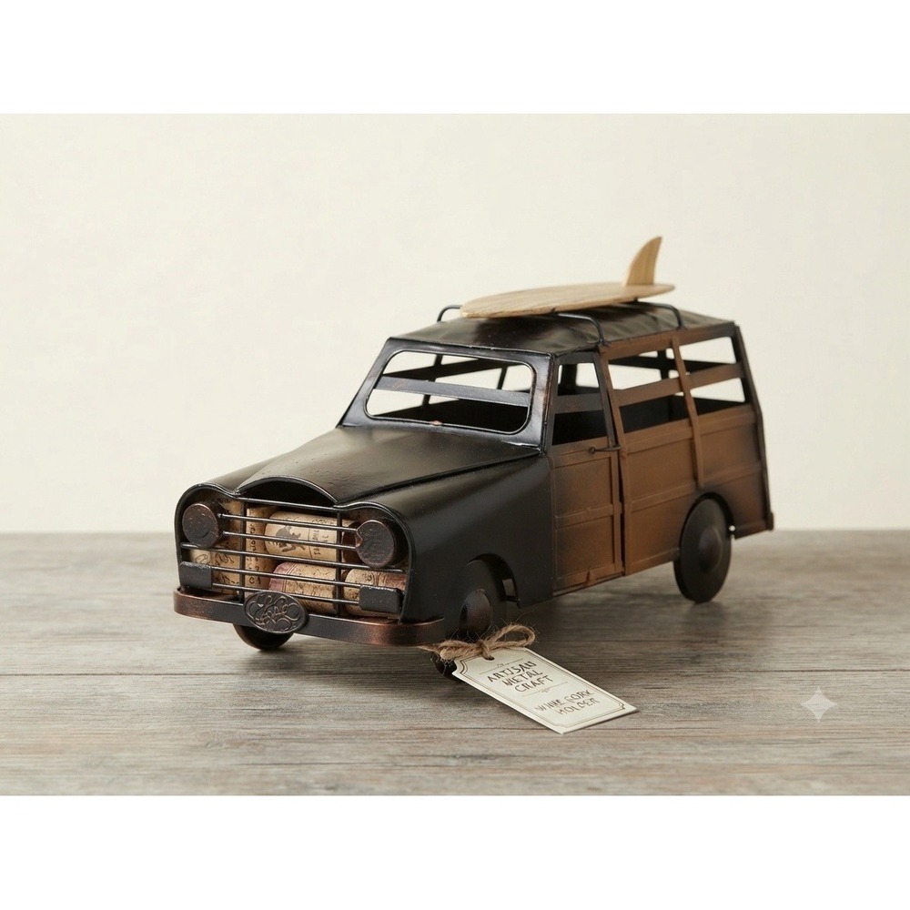 Epic Woody Cork Cage Vintage Beach Cruiser Car Wine Holder Brown Metal